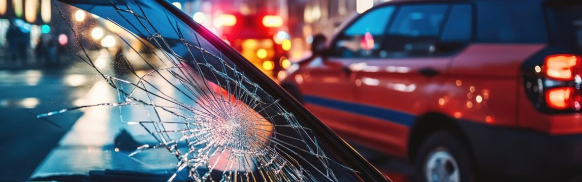 Shattered windshield reflecting emergency lights at night with a spider web crack design