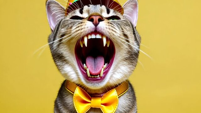 Funny portrait of happy smiling cat in colorful costume on festive  background with air balloons, birthday, anniversary or new year cat