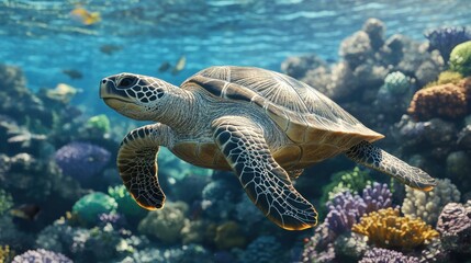 Sea Turtle Swimming in a Coral Reef
