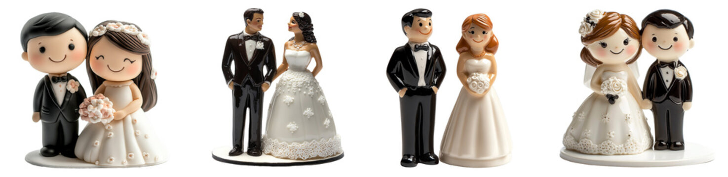 Stylized wedding cake toppers with bride and groom figurines decor transparent background