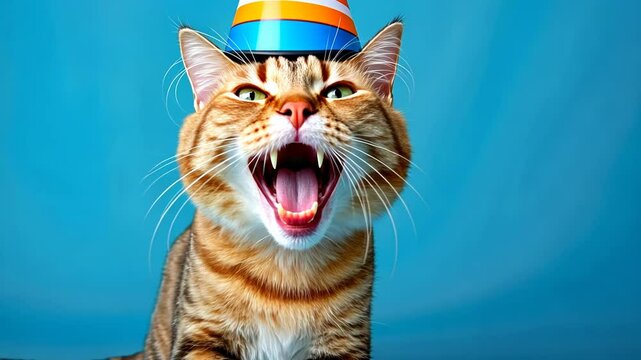 Funny portrait of happy smiling cat in colorful costume on festive  background with air balloons, birthday, anniversary or new year cat