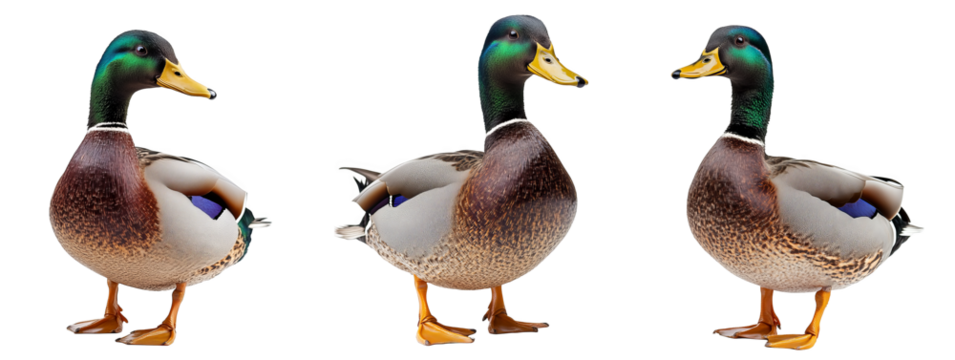 Three male mallard ducks with vibrant green heads standing wildlife photography transparent background