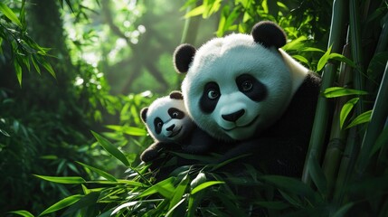 Adorable Panda Family in Lush Bamboo Forest