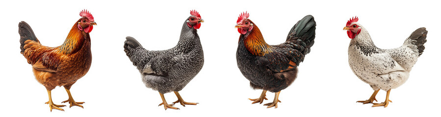 Naklejka premium Different breeds of chickens standing farm animals domestic poultry transparent background