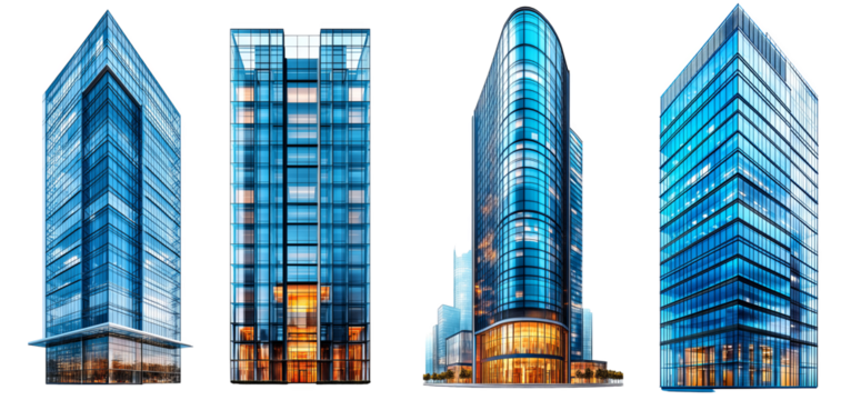 Skyscraper buildings with glass facades modern urban architecture transparent background