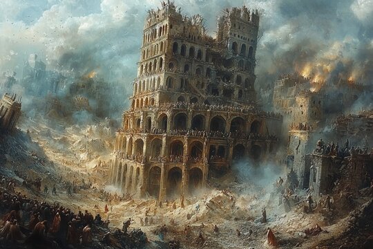 Construction of the Tower of Babel: A Chaotic Scene of Human Ambition and Confusion in Muted Tones