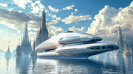 Fototapeta premium A luxurious and elegantly designed cruise ship sails gracefully across calm waters, gliding past an awe-inspiring alien city under a vibrant sky