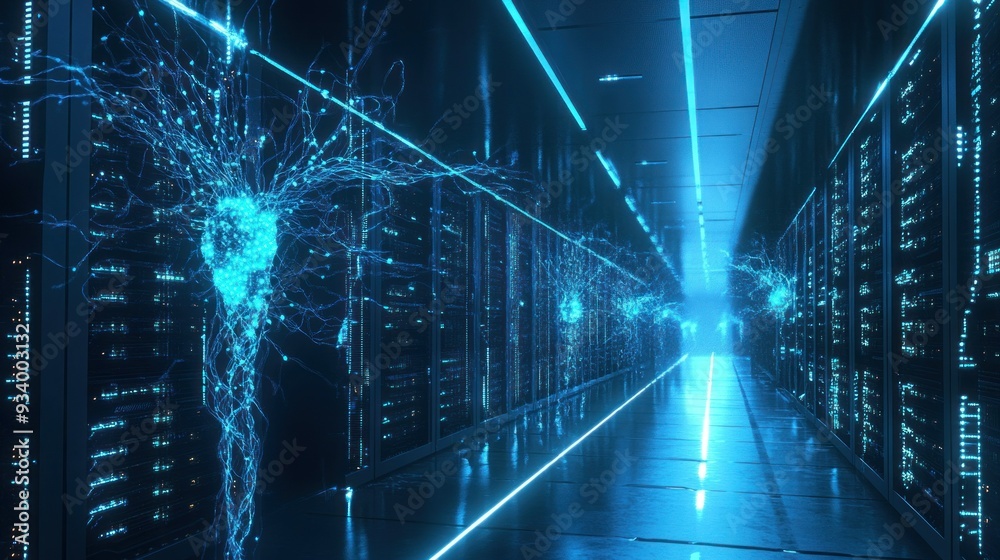 Poster Blue Glowing Lines in a Server Room with Data Flow