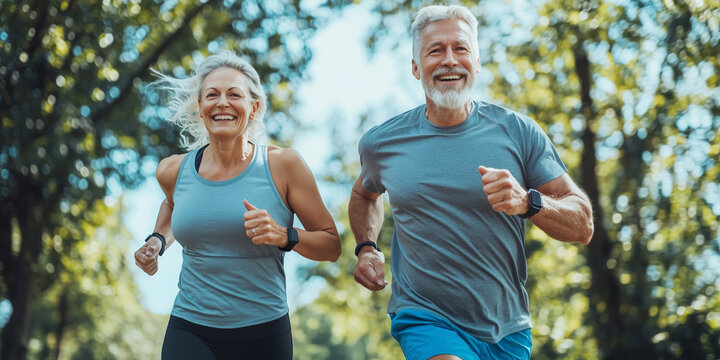 Active Senior Couple Running in Park: Fitness Inspiration