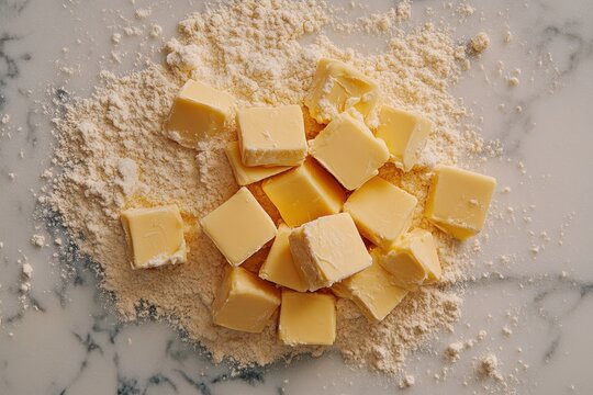 Butter cubes scattered on a marble surface with flour for baking