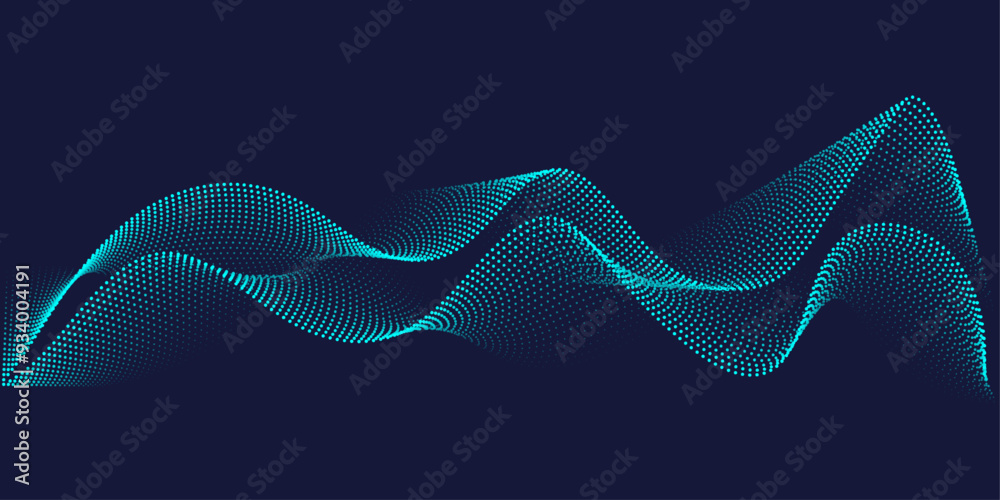 Aufkleber Flowing dots particles wave pattern in blue green colors. Vector curve light line. Abstract background banner design for music, Ai technology, neural network concept