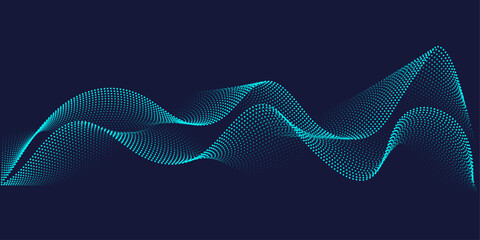 Flowing dots particles wave pattern in blue green colors. Vector curve light line. Abstract background banner design for music, Ai technology, neural network concept