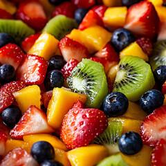 Obraz premium Vibrant Fruit Salad Delight - Colorful Macro Shot of Fresh Strawberries, Blueberries, and Kiwi with Glistening Moisture for Healthy Eating Concept