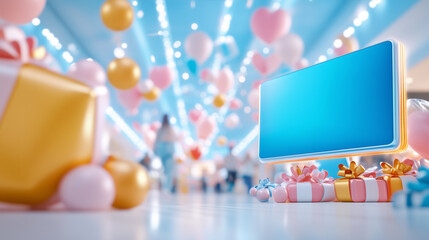 A lively and festive mall corridor featuring a large LED screen positioned at the entrance of a busy shop. The screen is surrounded by colorful balloons and neatly wrapped gift boxes.