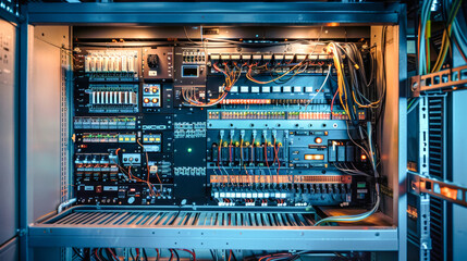 A sleek control cabinet reveals an array of wires and electronic devices, showcasing modern electrical technology in vivid blue tones and high resolution