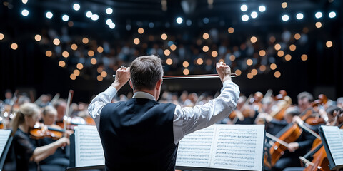 Fototapeta premium Conductor Leading Orchestra in a Classical Music Performance