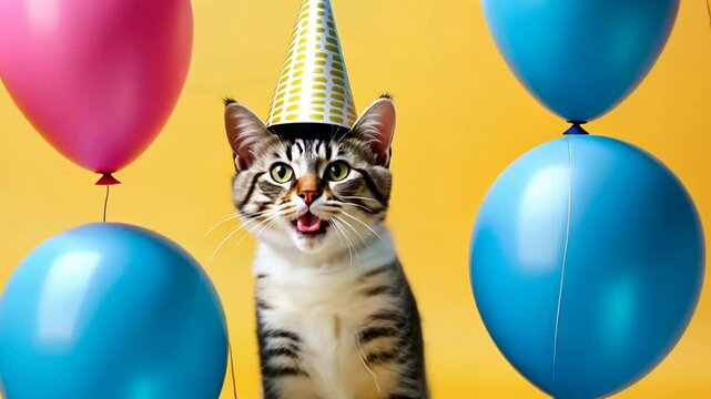 Birthday dancing cat, portrait of happy smiling cat in  costume and hat on yellow background with air balloons, birthday, anniversary kitty