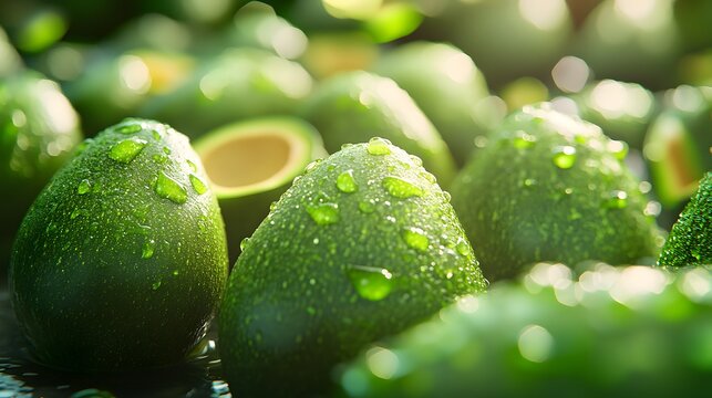 Avocado with Water Drops, Photo Realistic, Abstract Image, Texture, Pattern Background, Wallpaper, Cover and Screen of Smartphone, Cell Phone, Computer, Laptop, 9:16 and 16:9 Format
