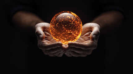 A luminous orb held gently in hands, radiating warmth and energy, symbolizing power and creation in a dark setting.