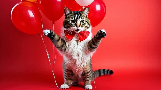 Birthday dancing cat, portrait of happy smiling cat in yellow costume and hat on red background with air balloons, birthday, anniversary kitty