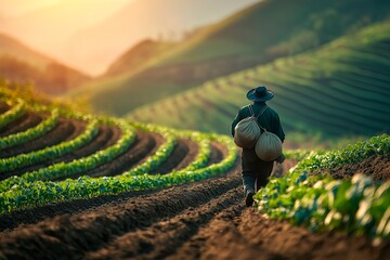 A farmer walking through terraced fields at sunset, carrying sacks of produce in a lush green landscape, copy space for text