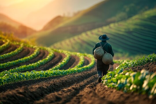 A farmer walking through terraced fields at sunset, carrying sacks of produce in a lush green landscape, copy space for text