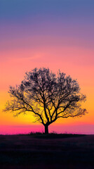 Solitary Tree at Sunset: A Serene Silhouette Against a Breathtaking Evening Sky