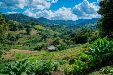Lush vegetable field with rustic barn near mountain under bright sky at midday, copy space for text
