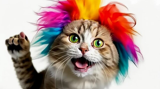 Funny dancing smiling excited cat wearing clown hat costume, festival clothes, birthday kitty on white background	