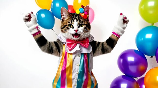 Birthday dancing cat, portrait of happy smiling cat in  costume and hat on white background with air balloons, birthday, anniversary kitty