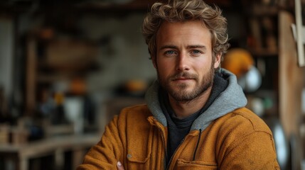 Obraz premium A confident young man poses in a rustic workshop, surrounded by tools and woodwork, embodying passion for craftsmanship and creativity in a warm, inviting space