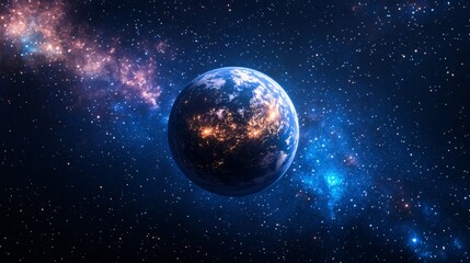 Obraz premium Earth seen from a distance in space with bright stars in the background