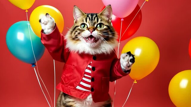 Birthday dancing cat, portrait of happy smiling cat in yellow costume and hat on red background with air balloons, birthday, anniversary kitty
