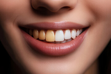 Obraz premium Close up of woman's teeth before and after whitening treatment. Dentistry and oral hygiene concept