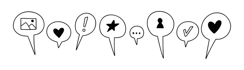 Cute line doodle social media reaction icon set. Speech bubble with heart, star, picture, check, emoticon. Follow, share, appreciate, read message, feedback, recommend symbols