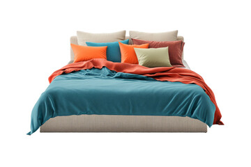 Modern double bed with pillows and duvet isolated on transparent background. Bedroom furniture with colorful bedding