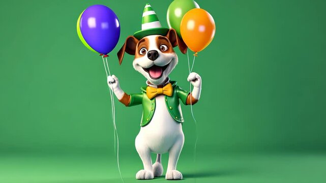 Funny dancing portrait of happy smiling dog on green background with air balloons, birthday, anniversary or new year puppy .