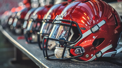 An American football helmet on the bench with the team in the background.