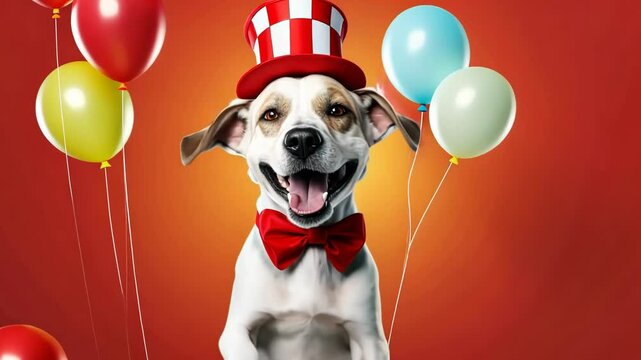 Funny portrait of happy smiling jack russel dog in costume hat on red studio background with air balloons, birthday, anniversary or new year puppy