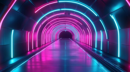 A 3D abstract background featuring neon lights and a neon tunnel, with a space-like construction. 3D illustration.