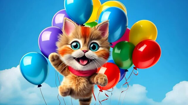 cartoon dancing Funny portrait of happy smiling cat on blue heaven background with air balloons, birthday, anniversary excited cat 