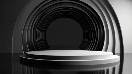 Obraz premium An abstract background featuring a black and white round tunnel podium, with reflections on a glossy floor.