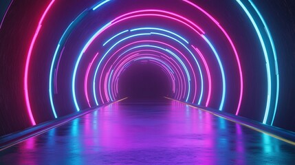 A 3D abstract background featuring neon lights and a neon tunnel, with a space-like construction.