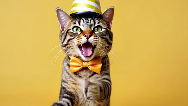 Birthday dancing cat, portrait of happy smiling cat in  costume and hat on yellow background with air balloons, birthday, anniversary kitty