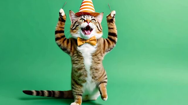 Birthday dancing cat, portrait of happy smiling cat in yellow costume and hat on blue background with air balloons, birthday, anniversary kitty