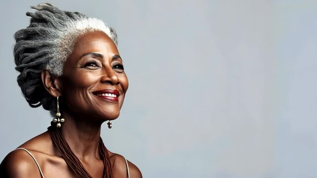 Beautiful elegant mature grey haired middle aged african American woman with perfect skin and smile , with dreadlocks on head on grey background, copyspace for text