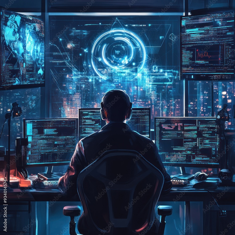 Aufkleber A Hacker Working on a Computer with Multiple Screens Showing Code and Data