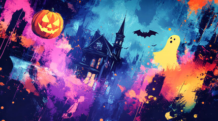 Obraz premium Brightly colored pumpkins, playful ghosts, and eerie haunted houses bring a festive Halloween atmosphere to life through dynamic graffiti art
