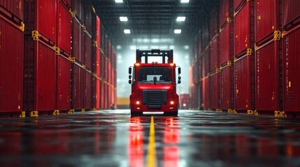 A red forklift moves steadily through a bustling container yard, rain glistening on the ground, illuminating the rows of stacked containers and enhancing the industrial ambiance