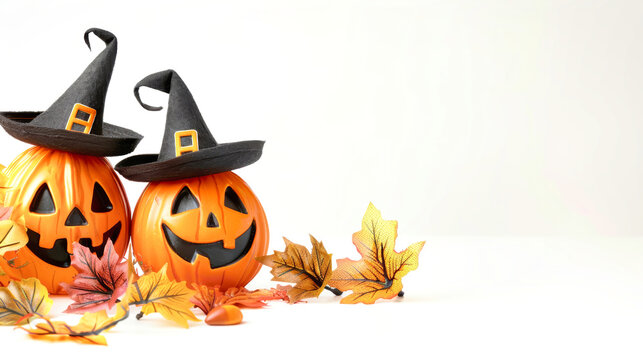 Two cheerful pumpkins adorned with witch hats sit among colorful autumn leaves, perfect for capturing the Halloween spirit and decorating for the season